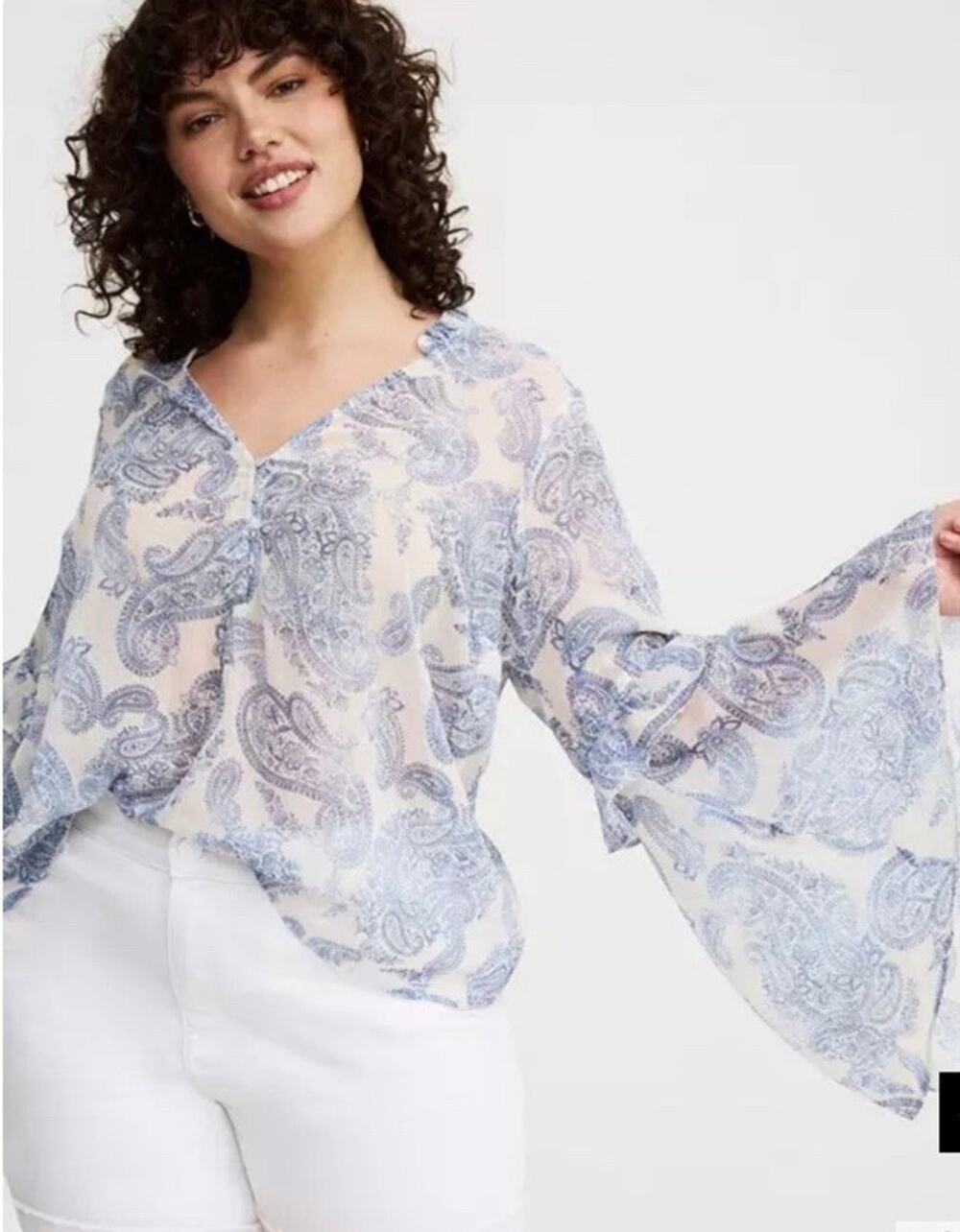 Torrid Plus 2X Chiffon V-Neck Ruffle Top White Blue Paisley Bell Sleeve Boho
